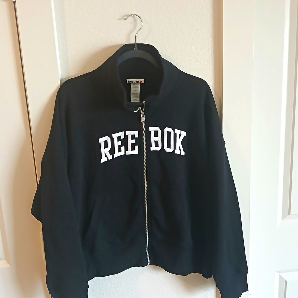 Reebok  Black Full Zip Mock Neck Fleece Sweatshirt w/ Pockets Size L